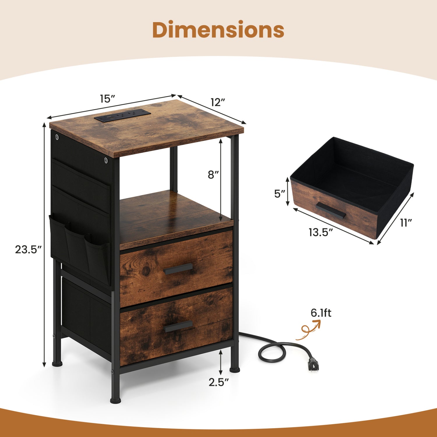 End Table With Charging Station, Set Of 2 Nightstands, 2 Folding Fabric Drawers Nightstands at Gallery Canada