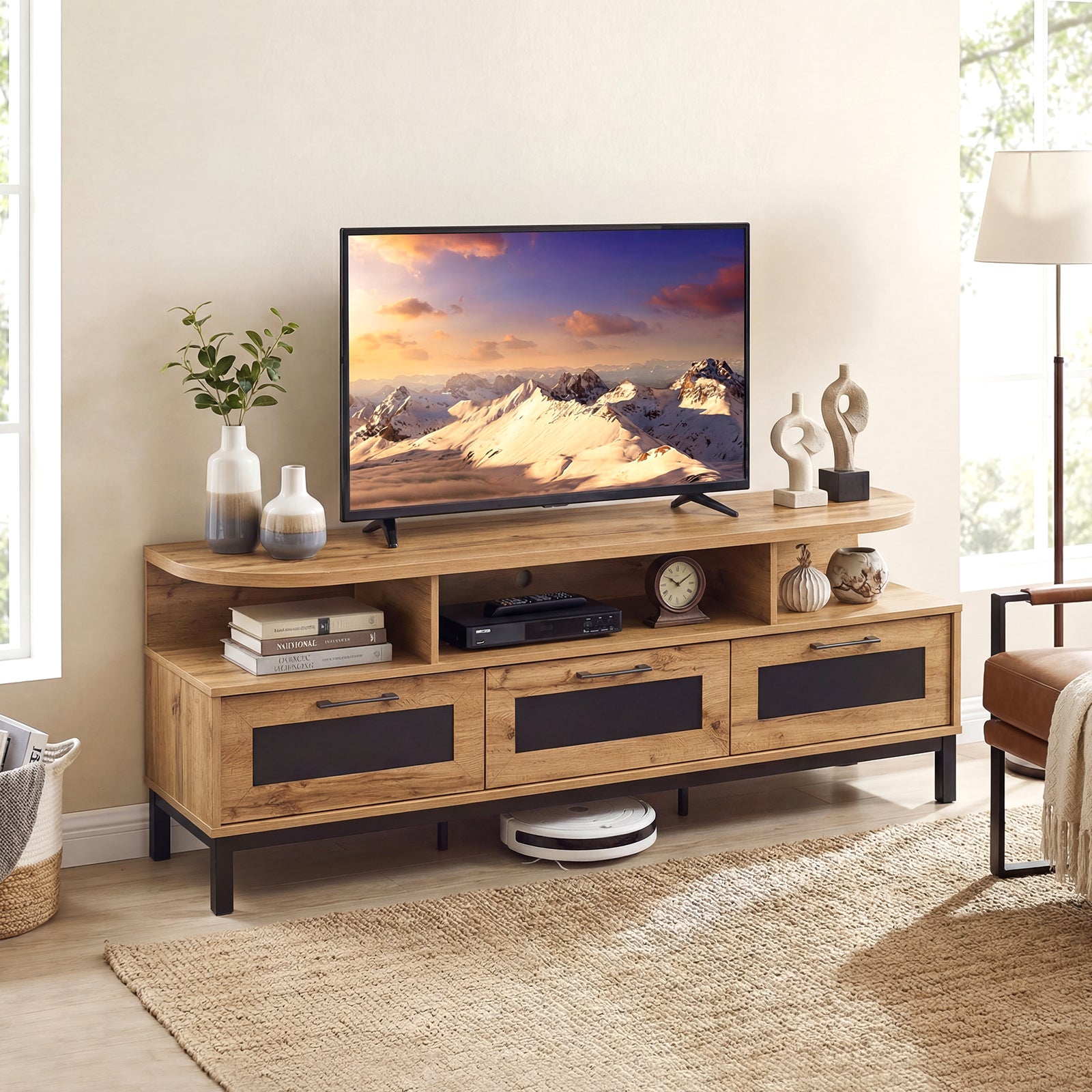 Entertainment Center, 3 Storage Drawers, Open Shelves, Natural Entertainment Centers & TV Stands at Gallery Canada