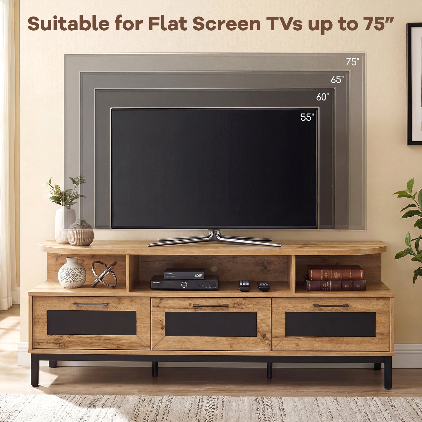 Entertainment Center, 3 Storage Drawers, Open Shelves, Natural Entertainment Centers & TV Stands at Gallery Canada