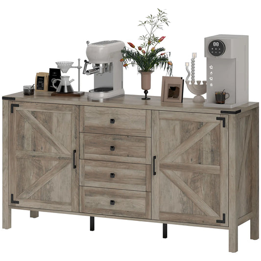 59" Buffet Cabinet, Farmhouse Sideboard, 2 Barn Doors, 4 Drawers, Grey Storage Cabinets Grey Wash at Gallery Canada