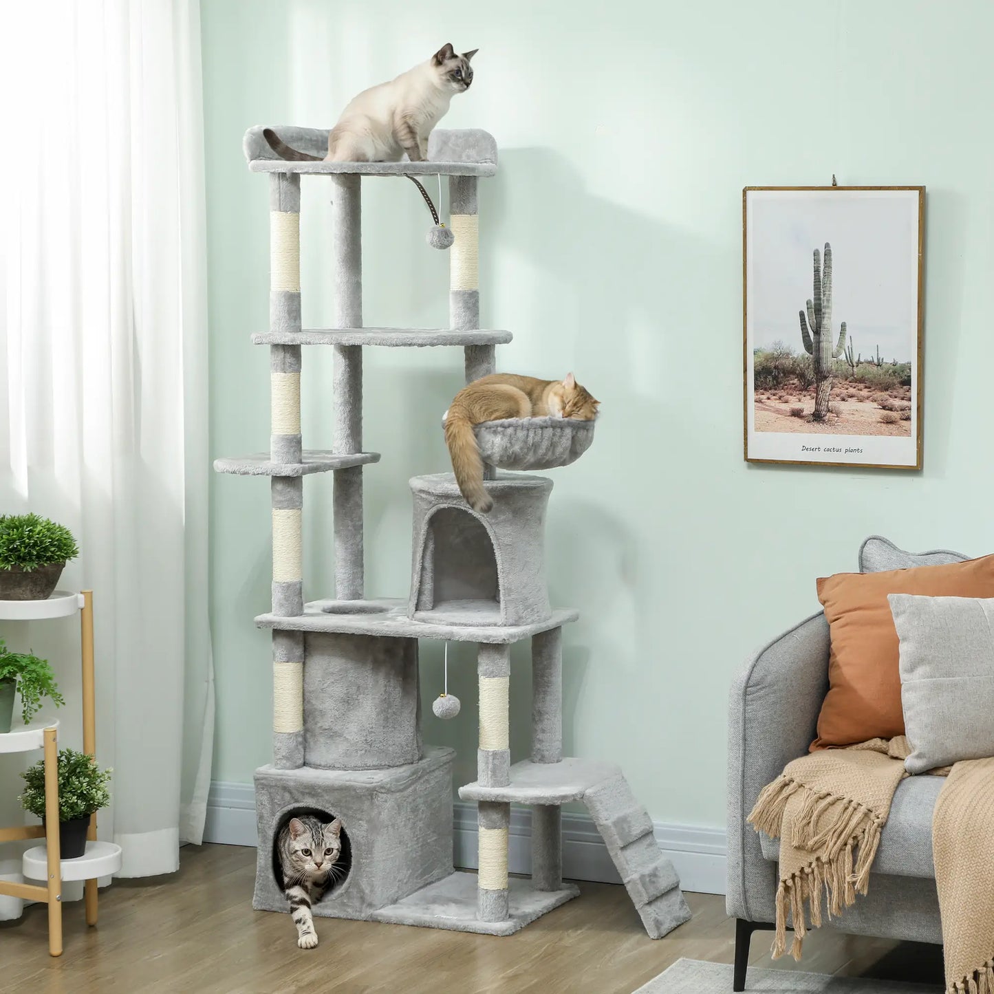 67" Large Cat Tree with 7 Scratching Posts, Tunnel, 2 Condos, Hammock, Perch, Ramp, Pompoms, Light Grey Multi-Level Cat Towers at Gallery Canada