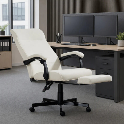 High Back Swivel Recliner Chair, Adjustable Height, Footrest, Cream White