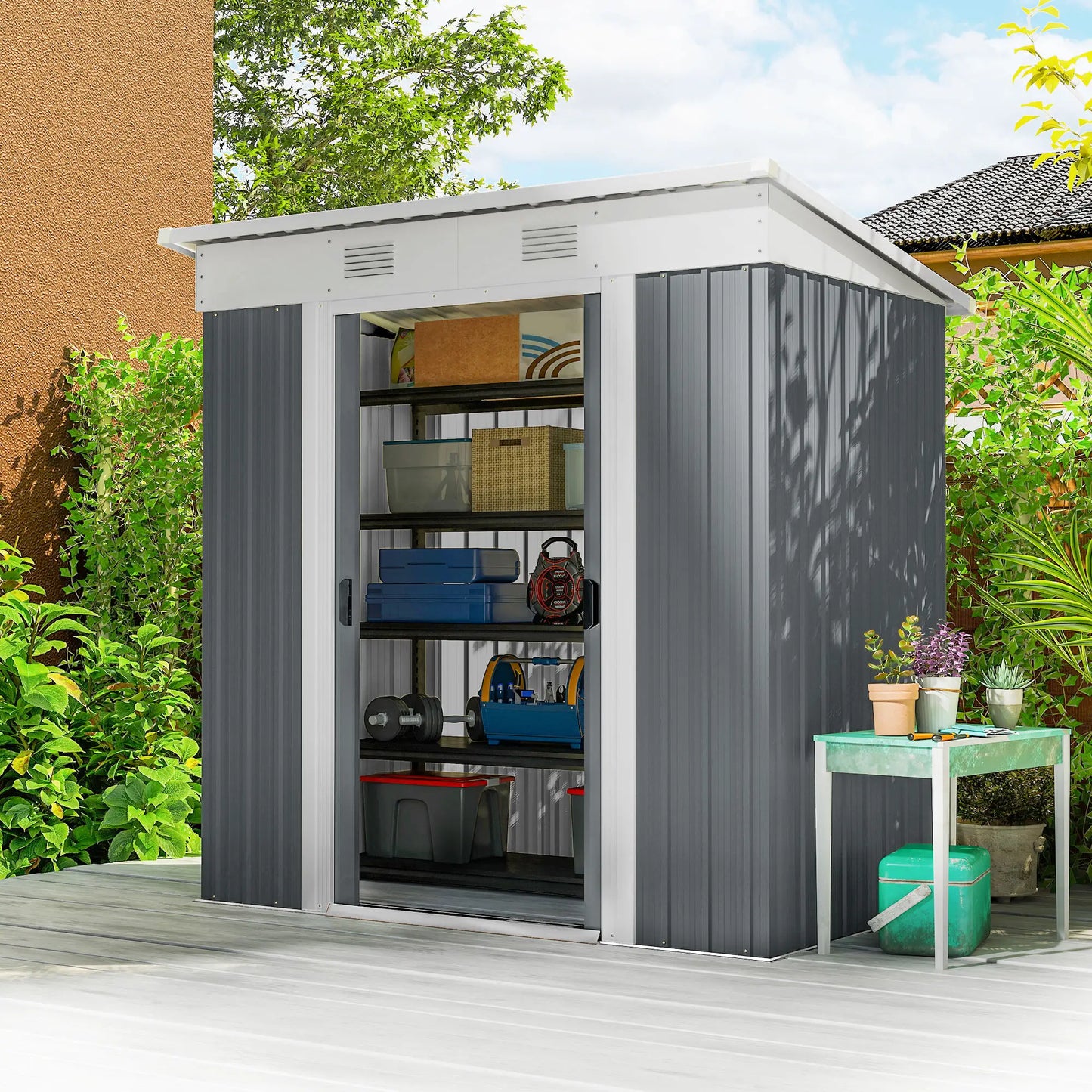 6' x 4' Metal Garden Shed, Lockable Sliding Doors, Vents, Grey Sheds at Gallery Canada