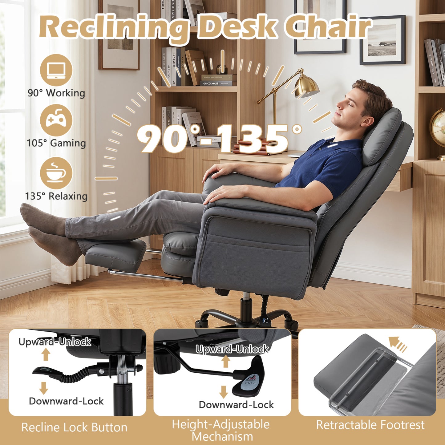 Ergonomic Cross Legged Office Chair with Retractable Footrest, Gray Big and Tall Chairs at Gallery Canada