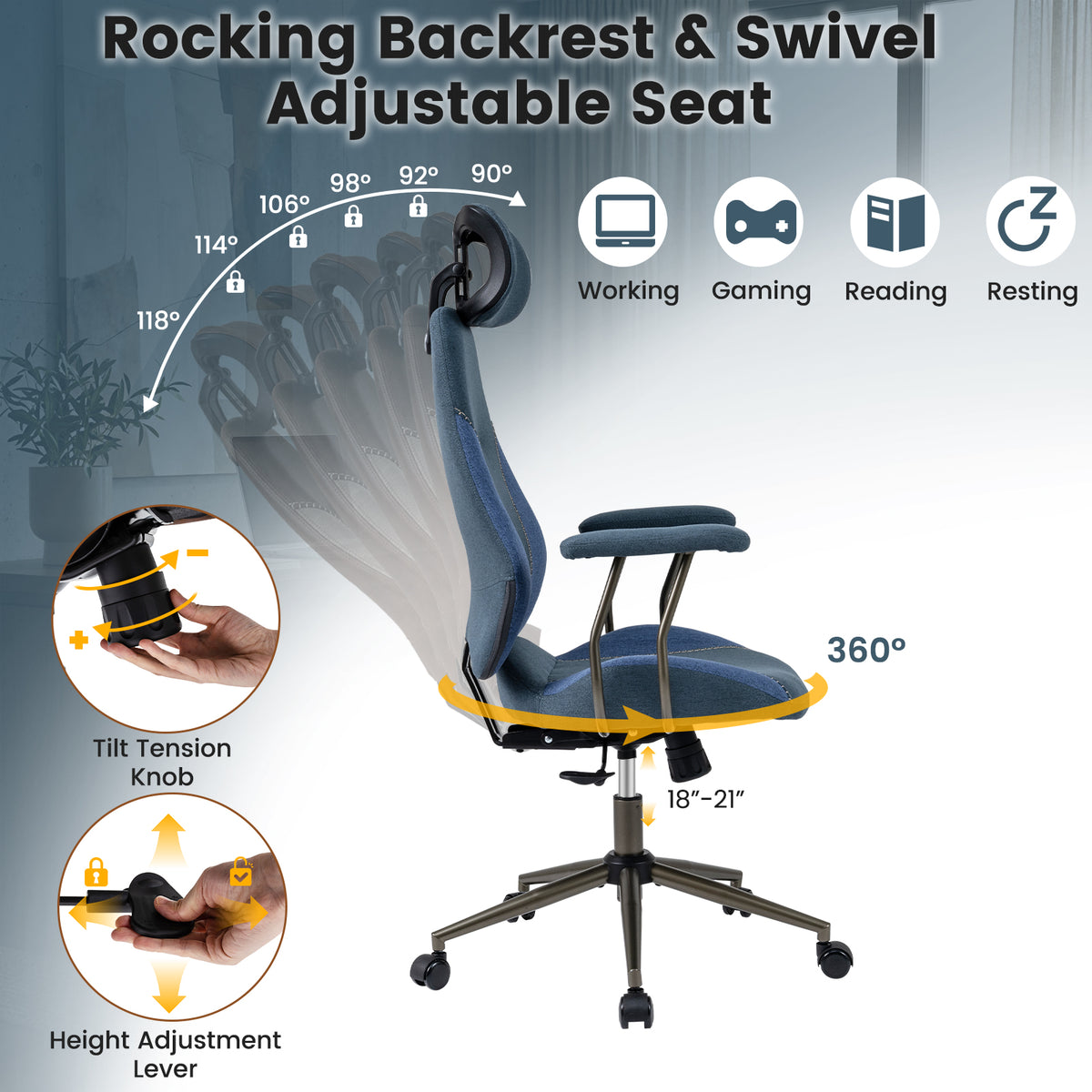 Ergonomic Office Chair Computer Desk Chair with 2D Headrest and Rocking Backrest, Navy Ergonomic Chairs at Gallery Canada