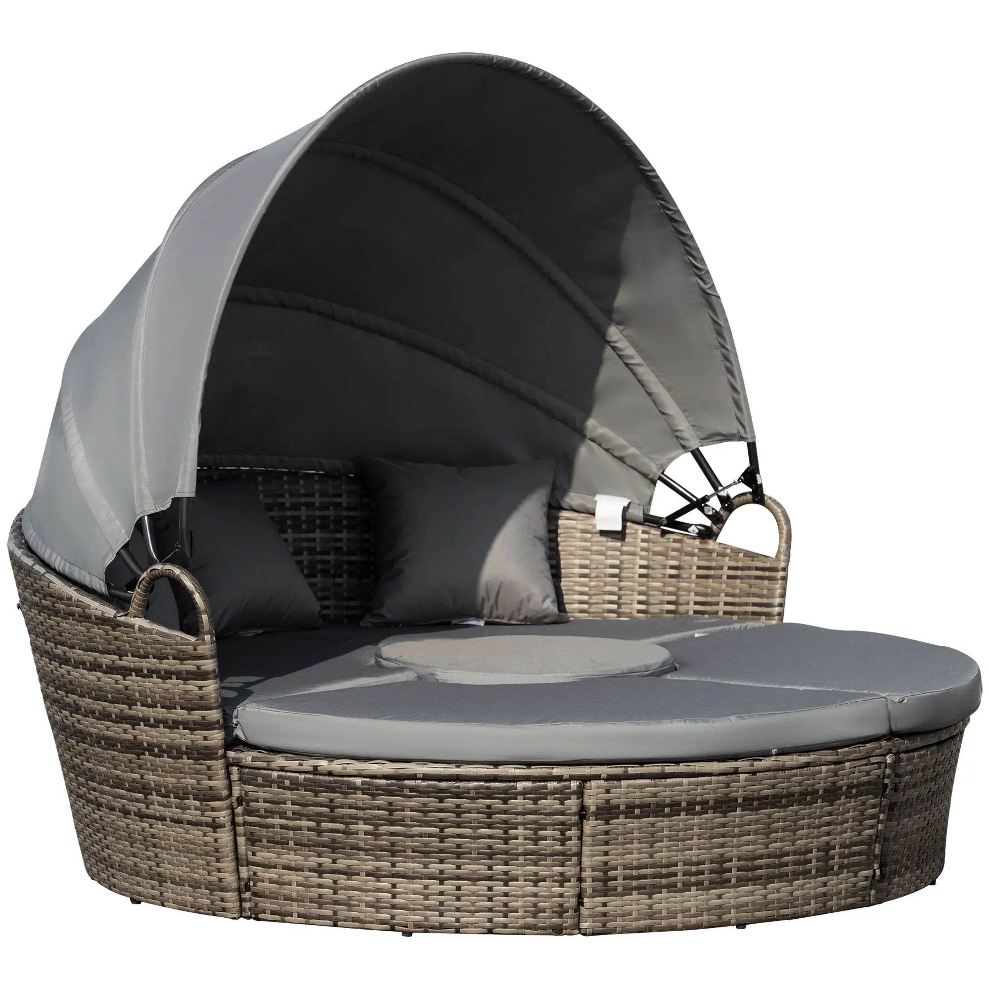 Outdoor Daybed with Canopy, PE Rattan Round Sofa, Patio Set with Cushions, Grey Daybeds Grey Rattan, Grey Cushion at Gallery Canada
