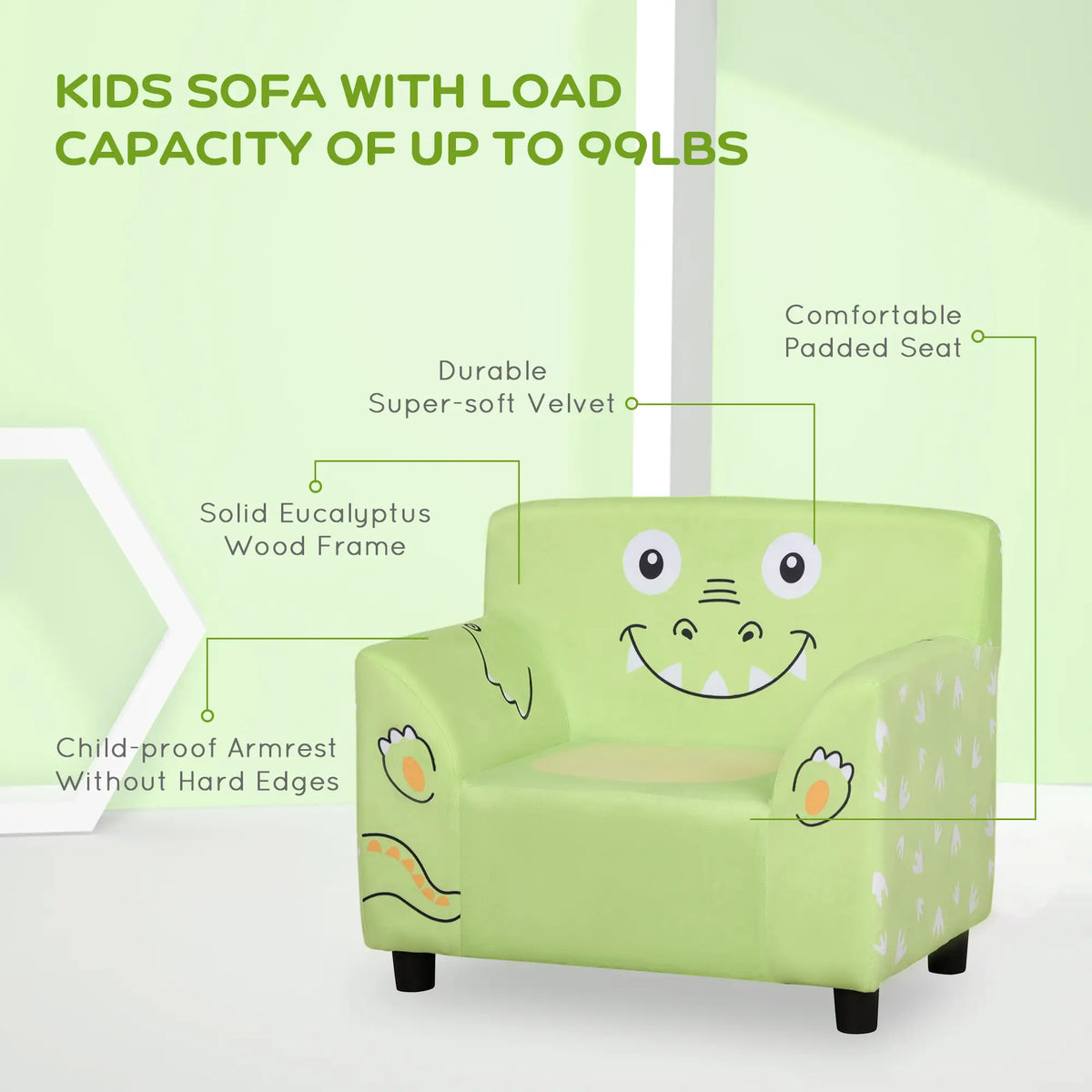 Kids Sofa, Armrest Chair, Toddler Couch, Cute Animal Print, Velvet, Eucalyptus Wood, Green Kids Chairs & Seating at Gallery Canada