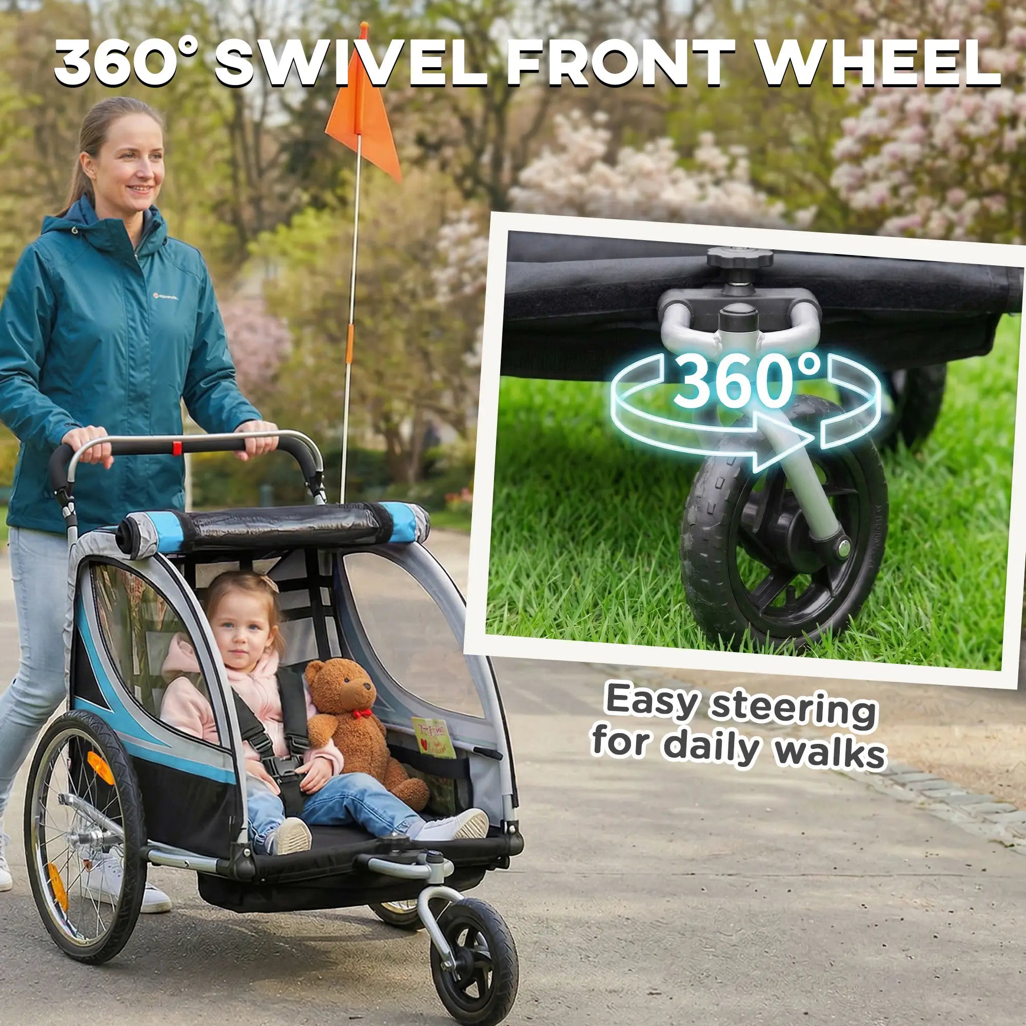 2 Seat Bike Trailer, Double Jogging Stroller, Handbrake, Rubber Wheels, Blue Kids Bike Trailers at Gallery Canada