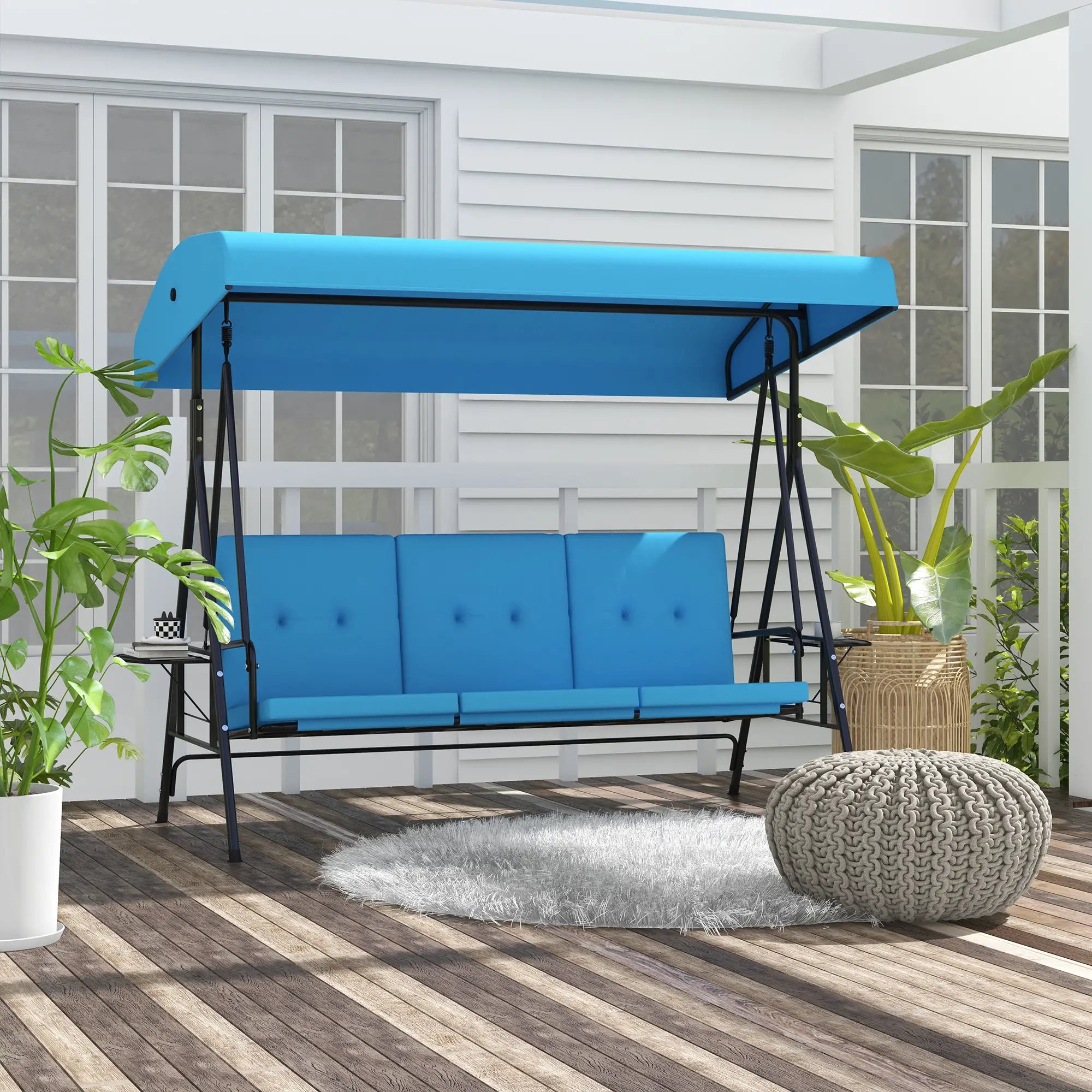 3-Seat Outdoor Porch Swing With Adjustable Canopy, Tray, Cushion, Blue Patio Swings with Stand at Gallery Canada