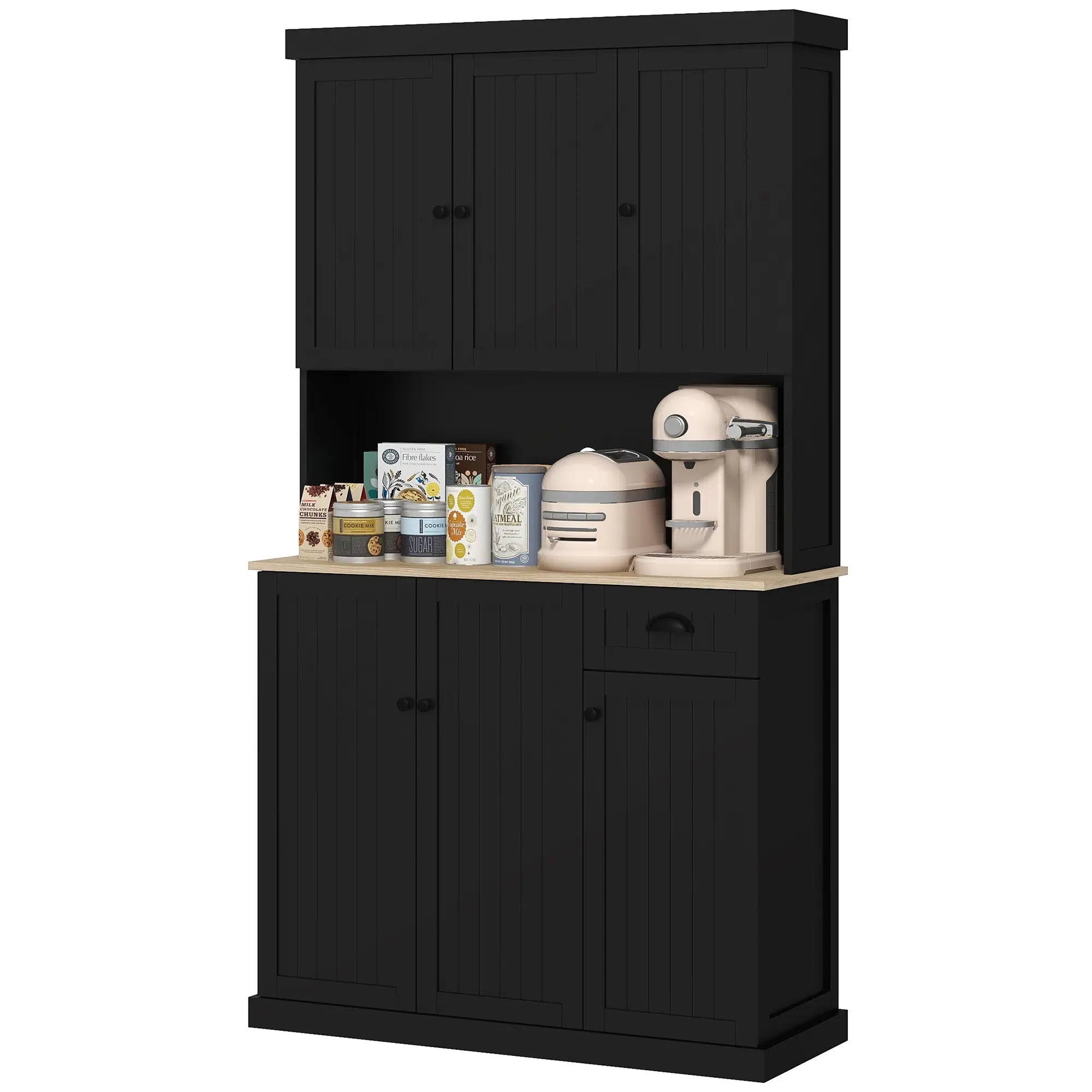 71 Inch Kitchen Pantry Buffet Hutch Cabinet Microwave Stand, Black Kitchen Pantry Cabinets Black, Oak at Gallery Canada