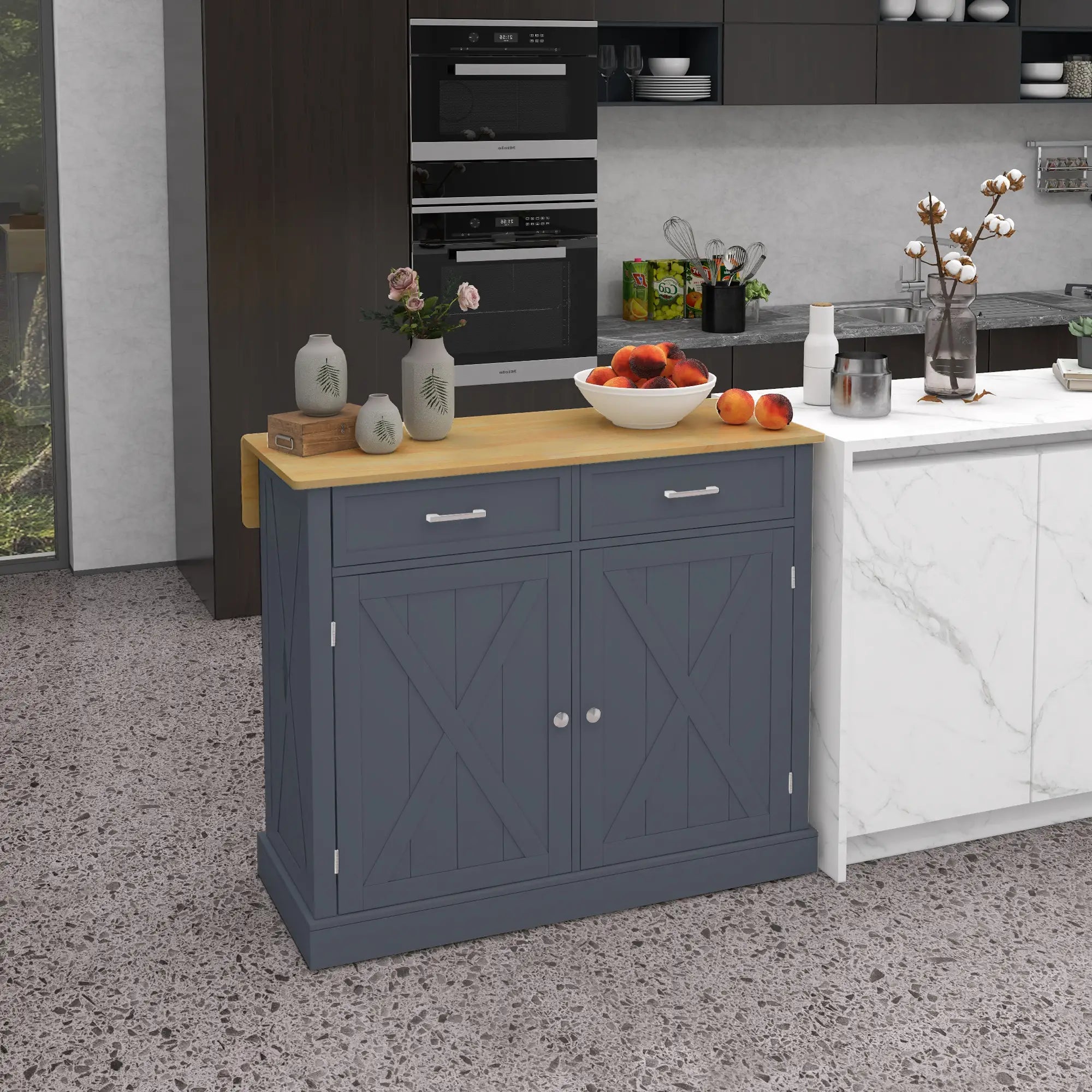Kitchen Island with Drop Leaf, 2 Drawers, Adjustable Shelves, Dark Grey Kitchen Islands & Kitchen Carts at Gallery Canada