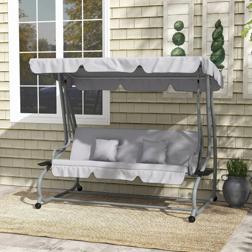 3-Seater Patio Swing Chair, Adjustable Canopy, 2 Pillows, Light Grey