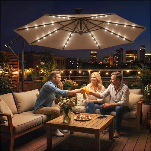 9.7 ft Cantilever Patio Umbrella, Solar Light, Tilt, Crank, Khaki