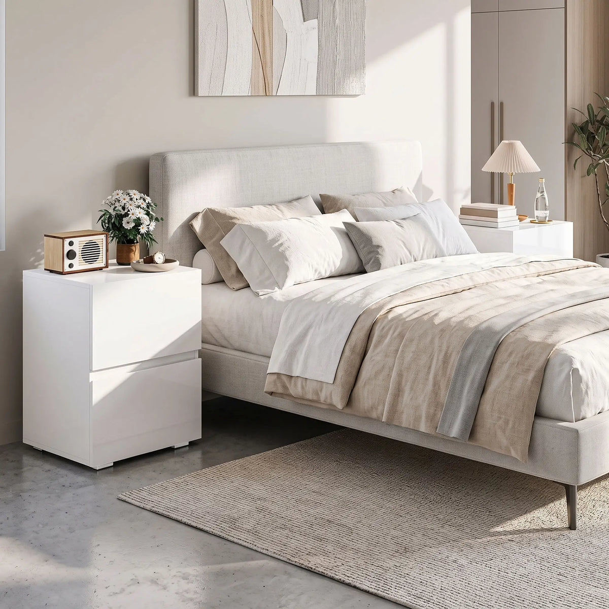 Modern Nightstand Set of 2, Narrow Bedside Table with 2 Drawers, White Bedside Tables at Gallery Canada