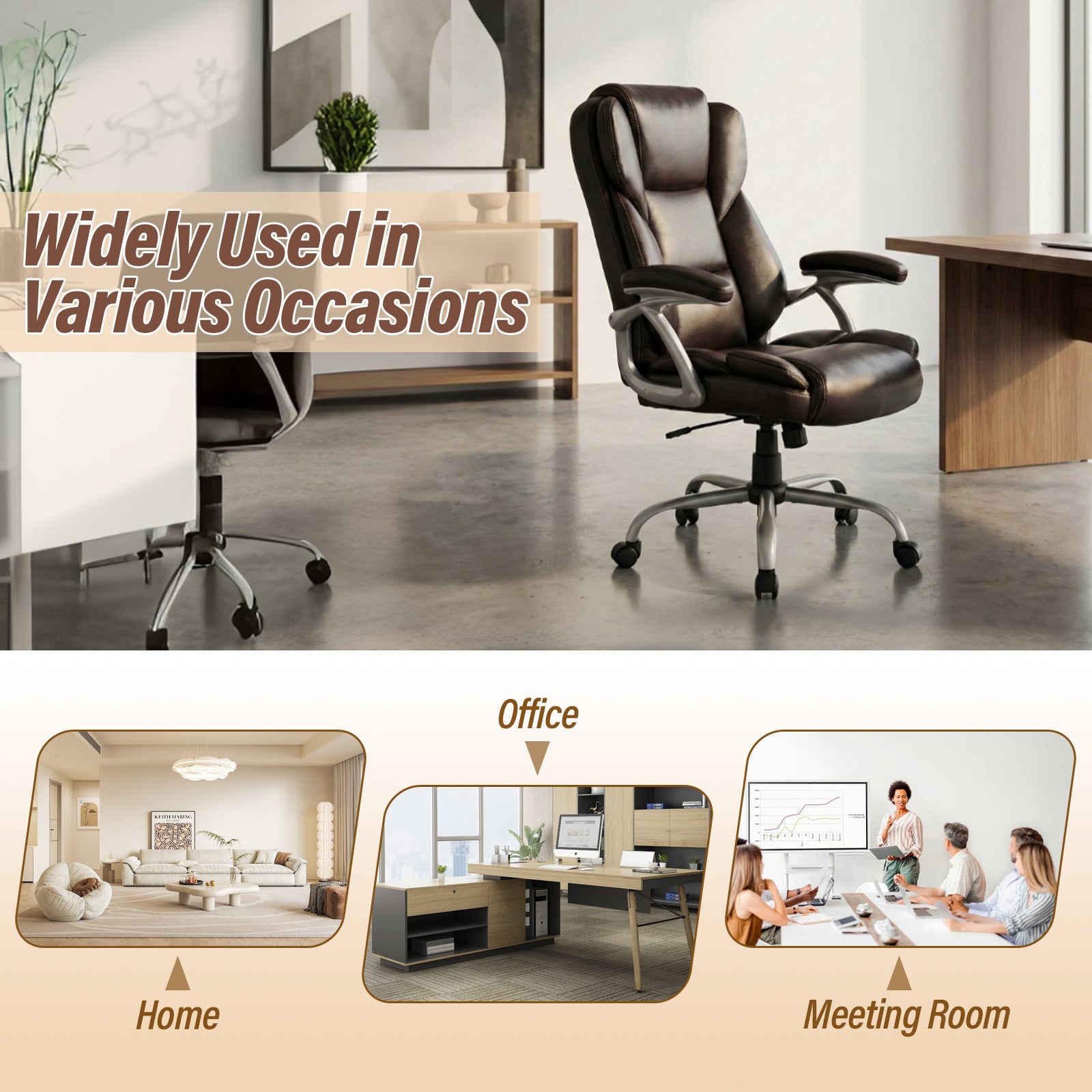 Executive Office Chair Leather Ergonomic Computer Desk Chair with Padded Seat and Armrests, Brown Executive Chairs at Gallery Canada