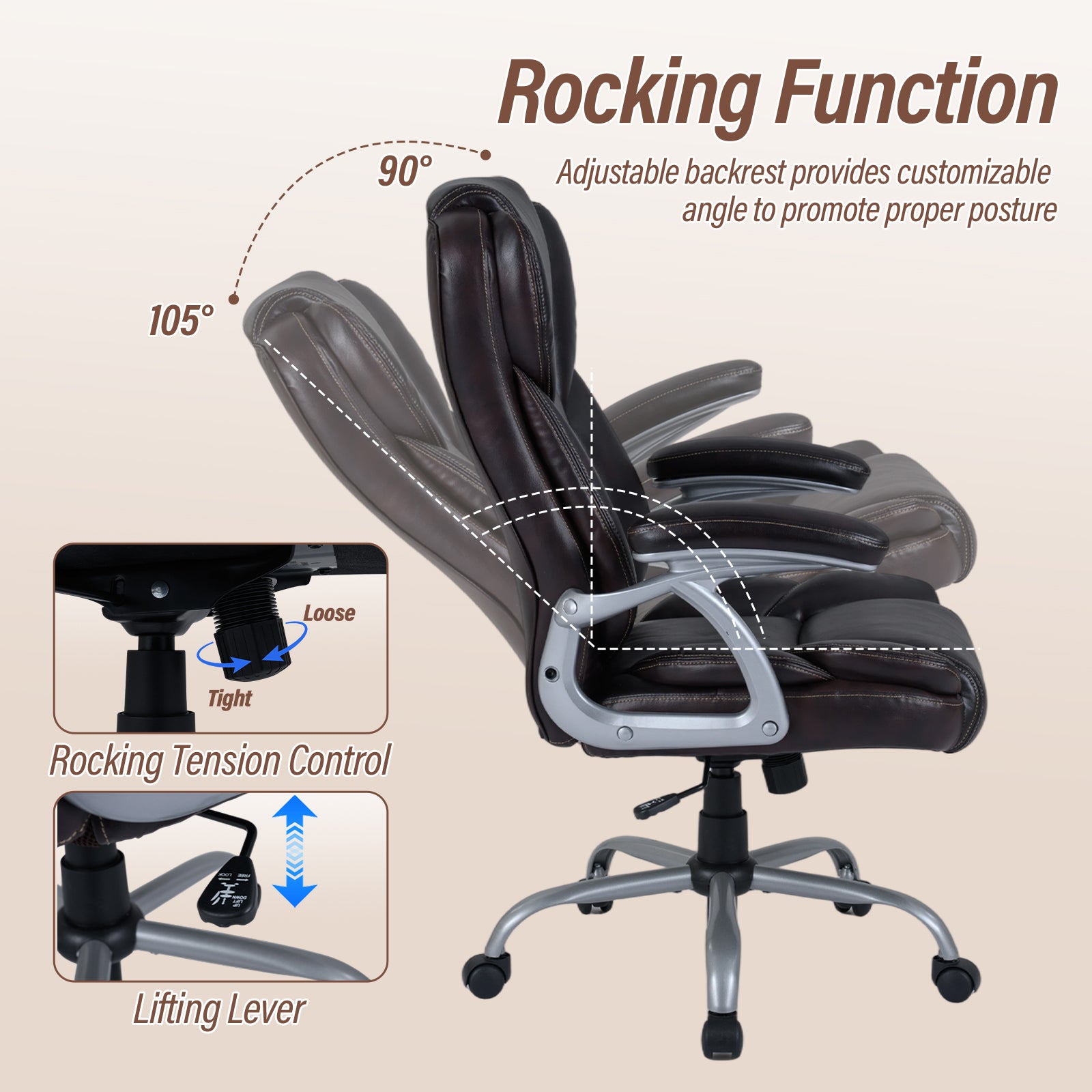 Executive Office Chair Leather Ergonomic Computer Desk Chair with Padded Seat and Armrests, Brown Executive Chairs at Gallery Canada