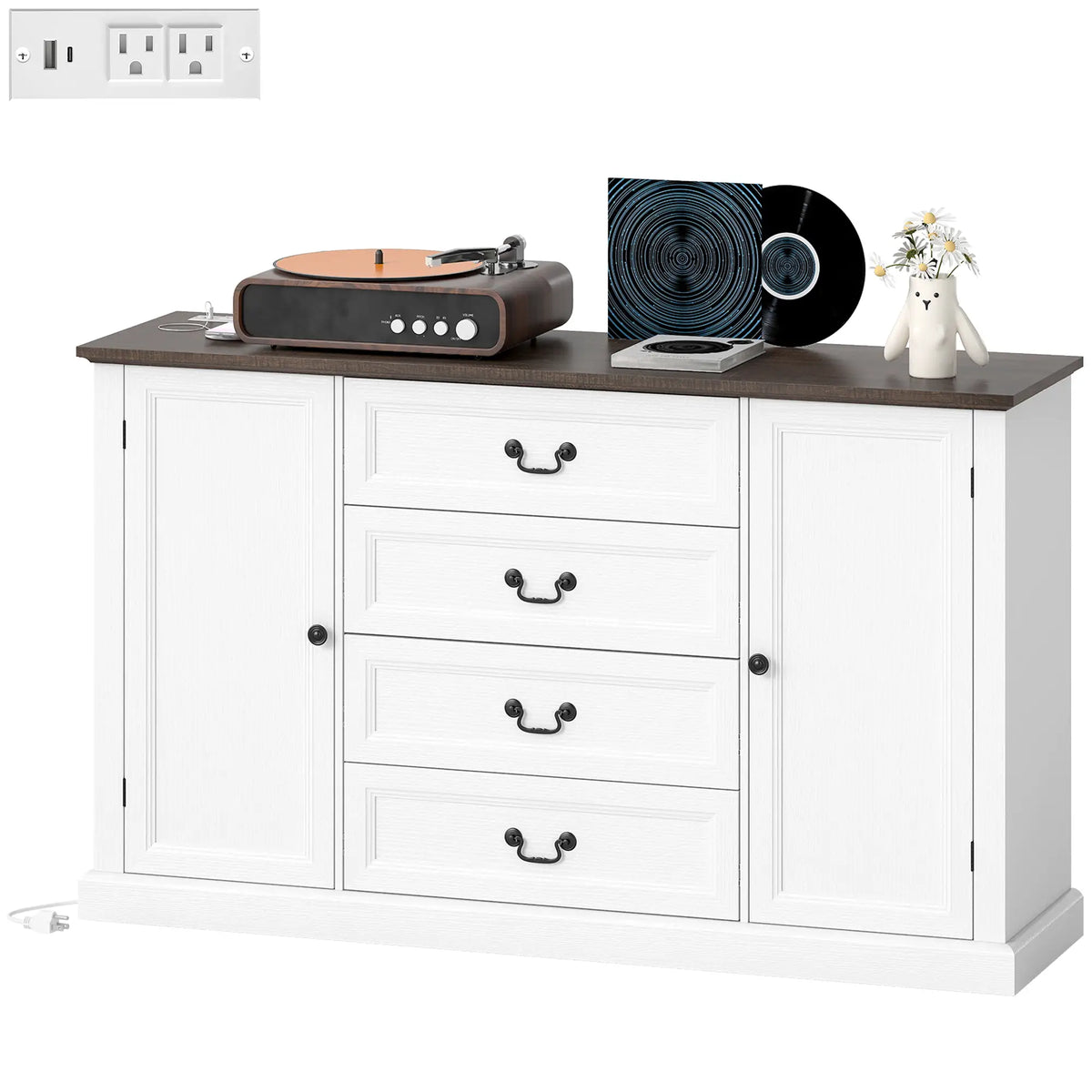 Farmhouse Sideboard with Charging Station, 58" Buffet Cabinet, White Storage Cabinets White Wood Grain, Brown Wood Grain at Gallery Canada