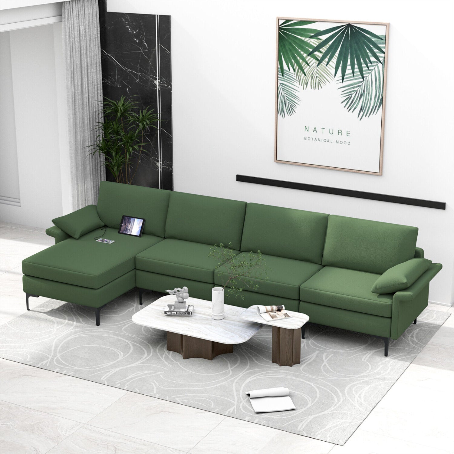 Extra Large L-Shaped Sectional Sofa, Reversible Chaise, 2 USB Ports, Army Green Sofas & Loveseats at Gallery Canada