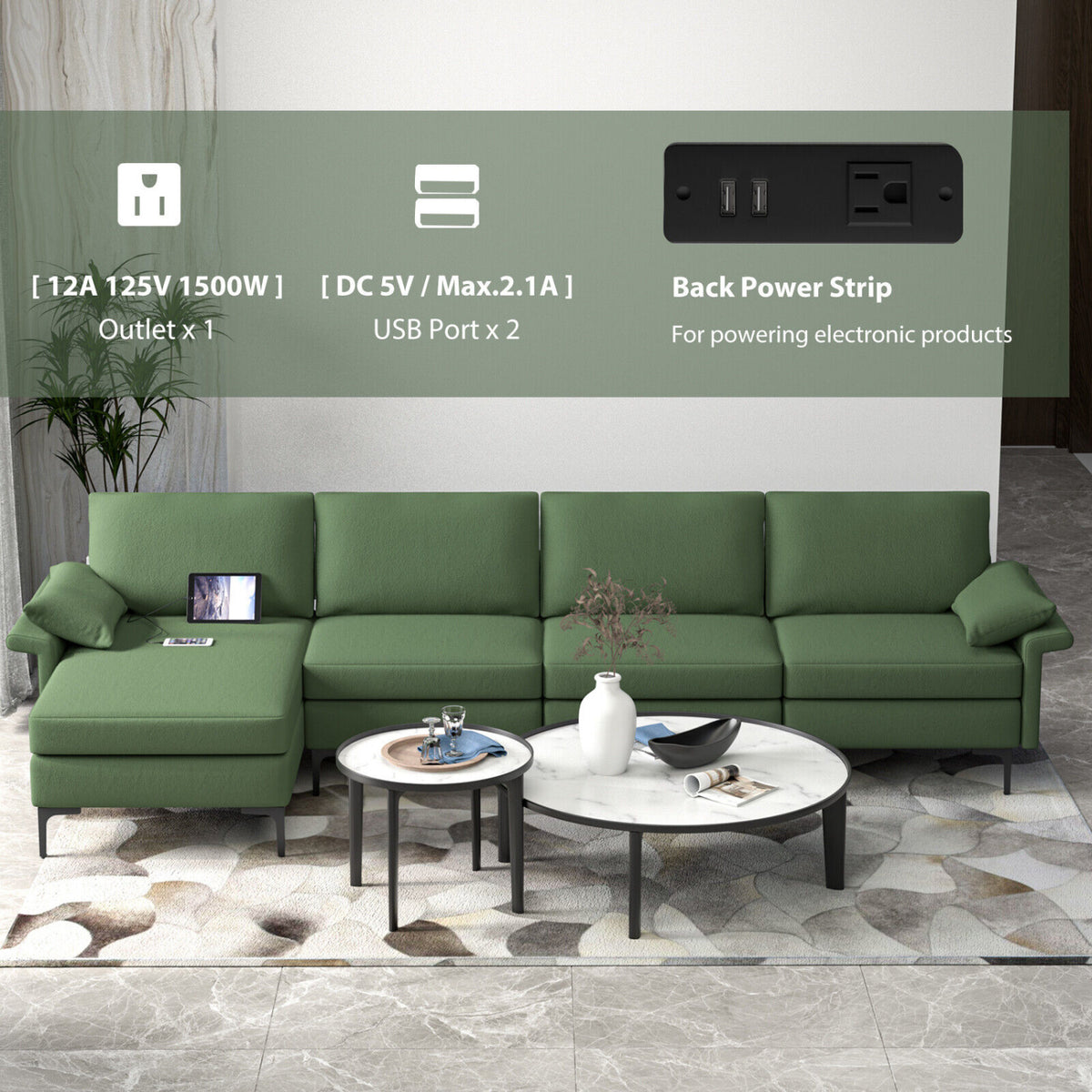 Extra Large L-Shaped Sectional Sofa, Reversible Chaise, 2 USB Ports, Army Green Sofas & Loveseats at Gallery Canada