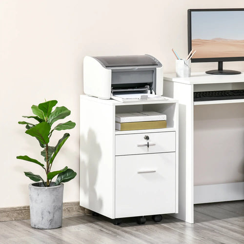 2 Drawer Filing Cabinet with Lock, Vertical, Wheels, A4, Letter Size, White
