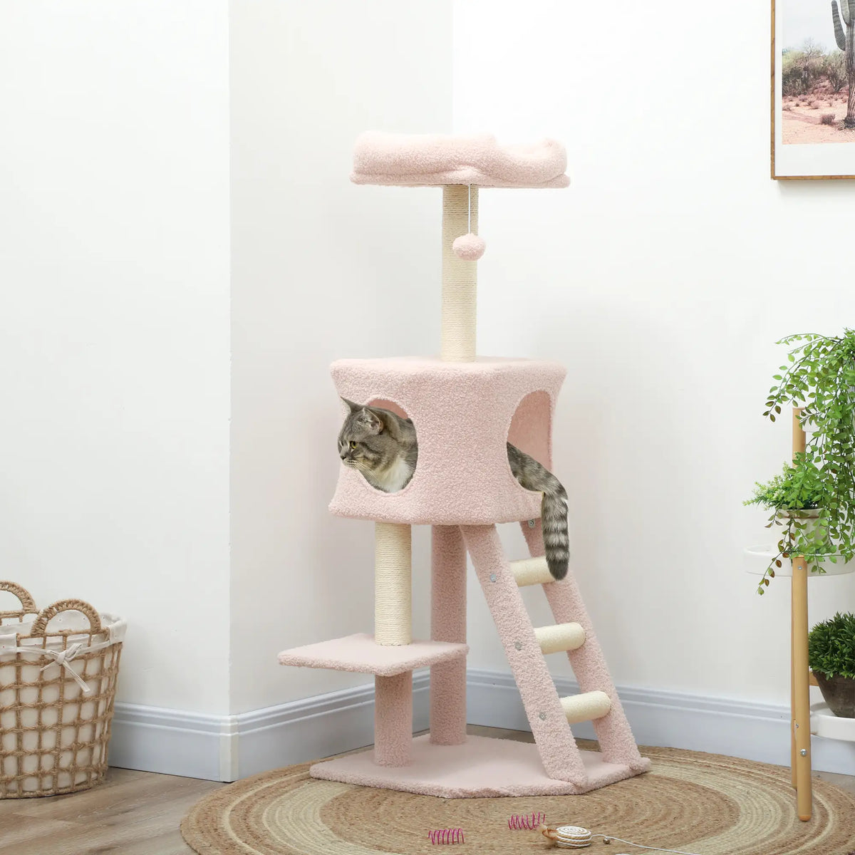 47" Tall Cat Tree Tower, Condo, Ladder, Scratching Posts, Pink Cat Trees at Gallery Canada