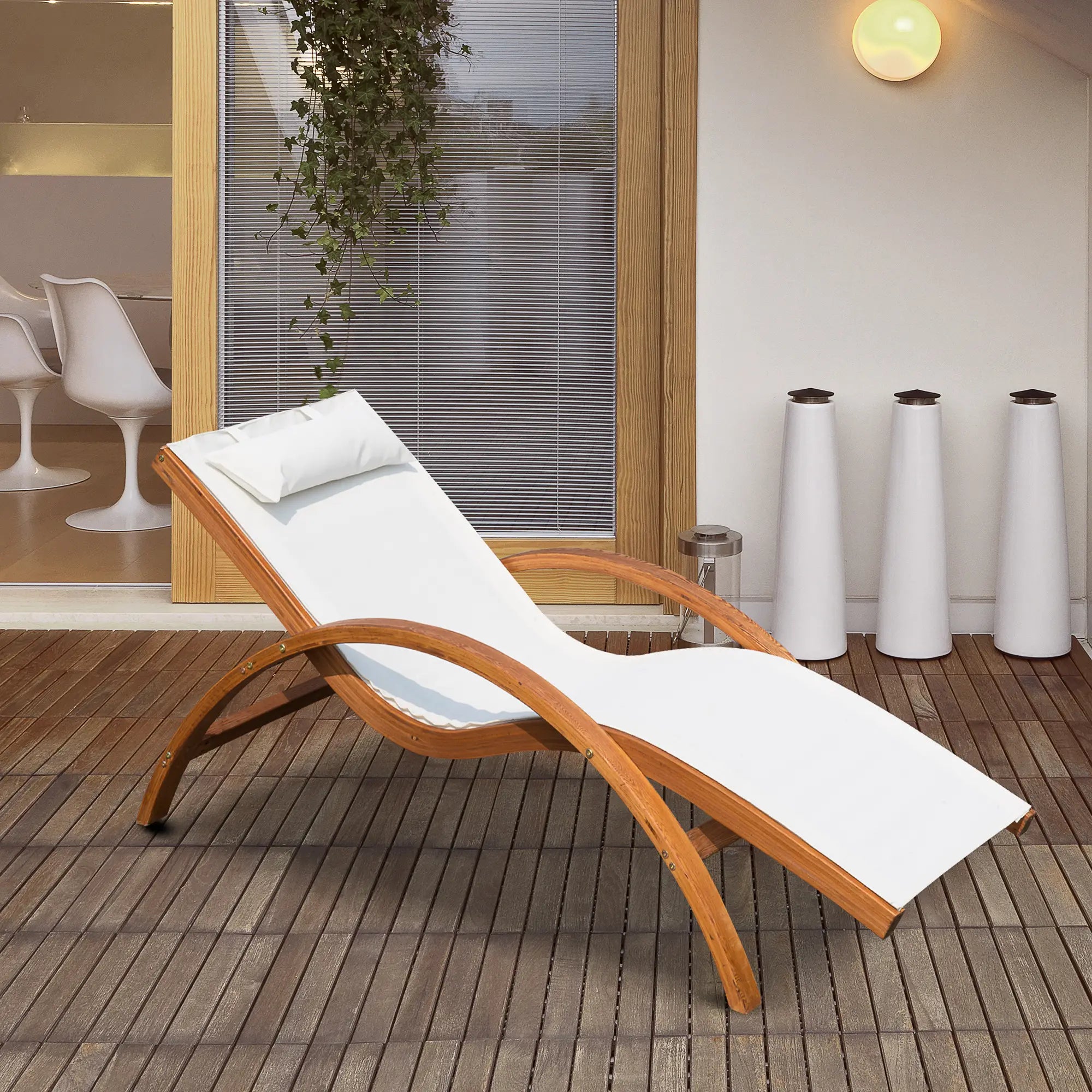 Outdoor Wood Sling Chaise Lounge, Garden Mesh Lounger, Cream Lounger Chairs at Gallery Canada