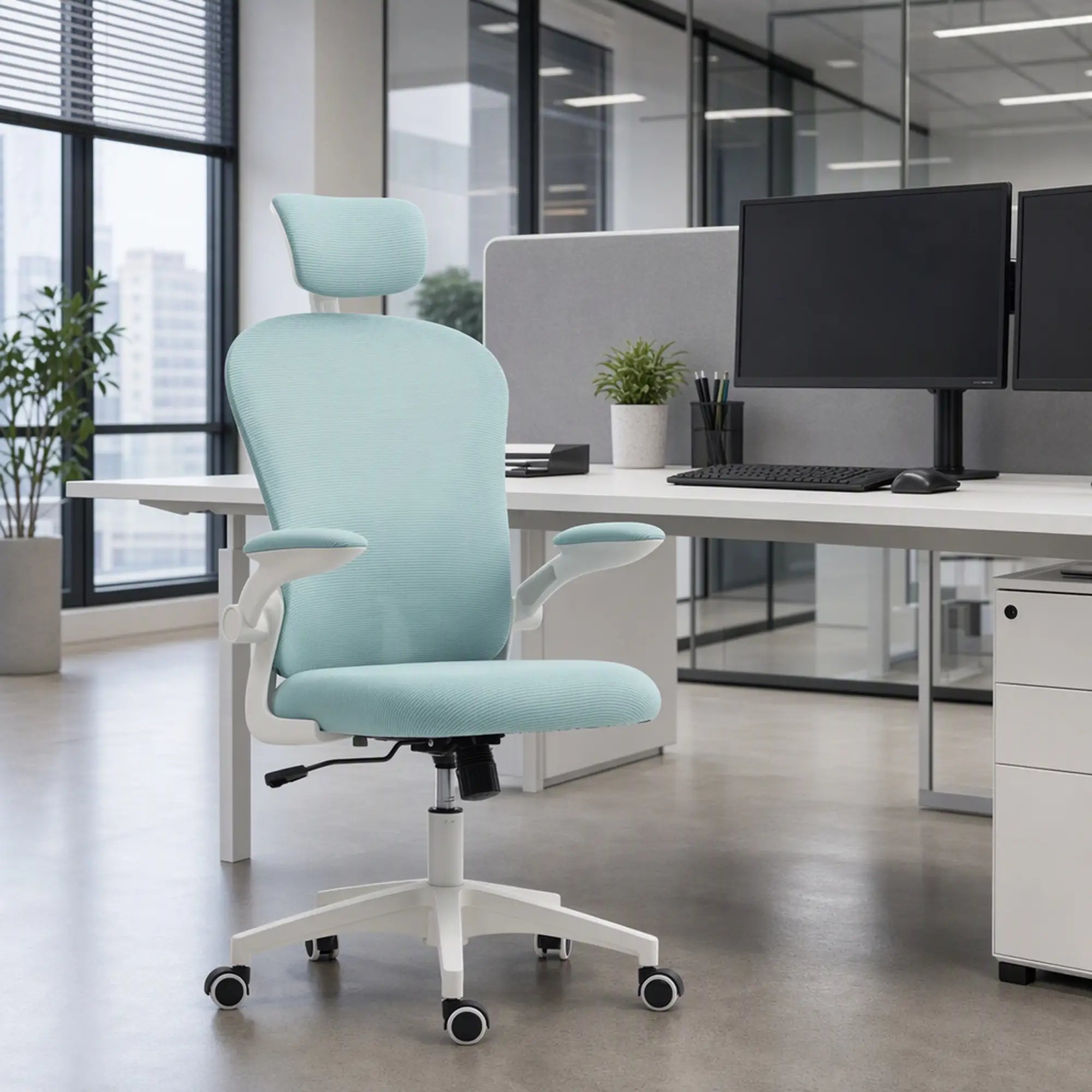 Mesh Office Chair, Adjustable Headrest, 4D Lumbar Support, Flip-Up Arm, Light Green Task Chairs at Gallery Canada