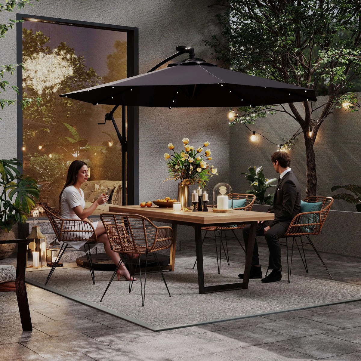 9.5' Offset Patio Umbrella with Solar LED Lights, Dark Grey Cantilever Umbrellas at Gallery Canada