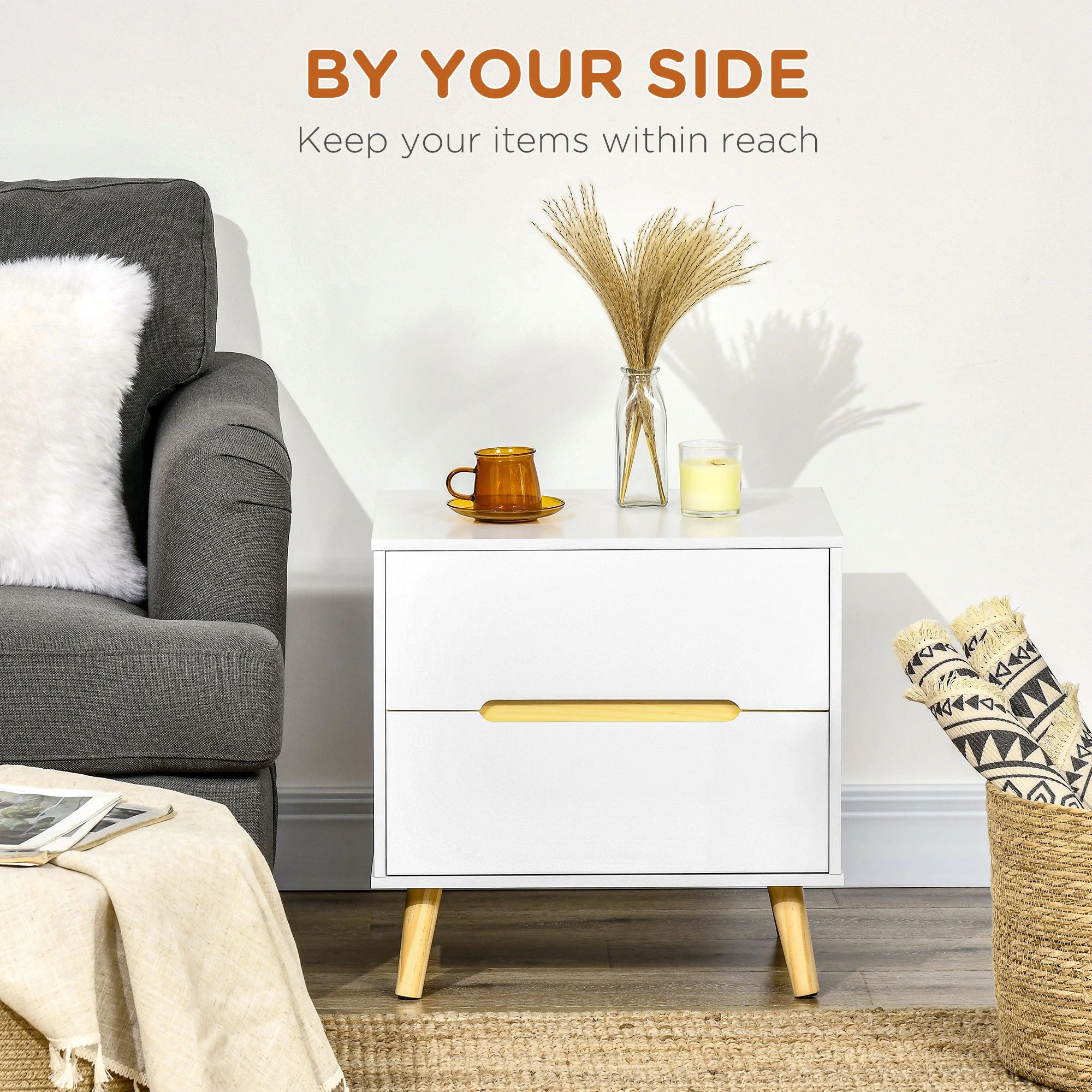 Nightstand, 2 Drawers, Pine Wood Legs, Bedside Table, White Bedside Tables at Gallery Canada