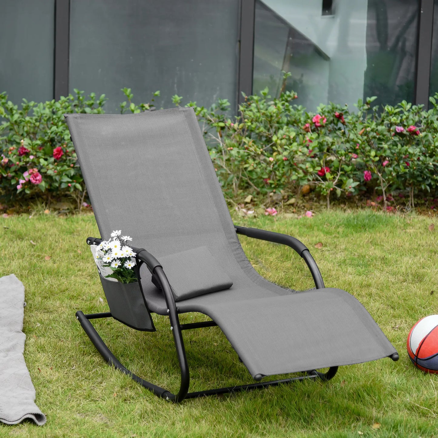 Outdoor Rocking Chair, Mesh Fabric, Removable Headrest, Side Pocket, Grey Outdoor Rocking Chairs at Gallery Canada