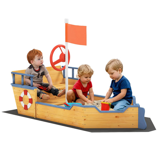 Kids Wooden Pirate Ship Sandbox, Outdoor Playset w/ Bench Seat, 3-6 Years Sandboxes & Accessories Natural at Gallery Canada