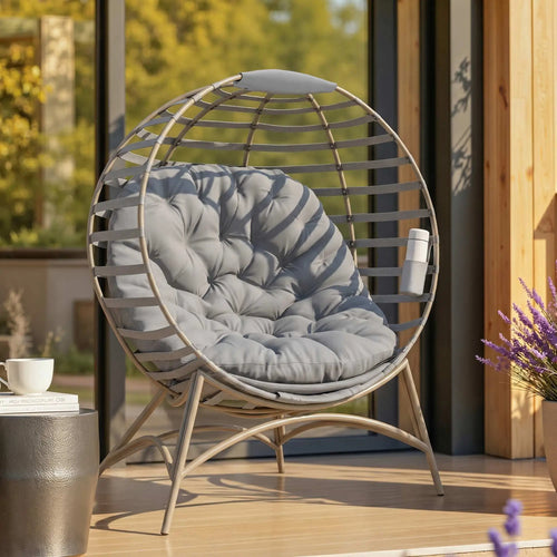 Egg Patio Lounge Chair, Foldable, with Cushion & Pocket, Light Grey, Light Grey
