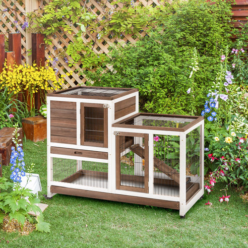 Wooden Rabbit Hutch, Indoor Bunny Cage with Wheels, Pull Out Trays, Brown