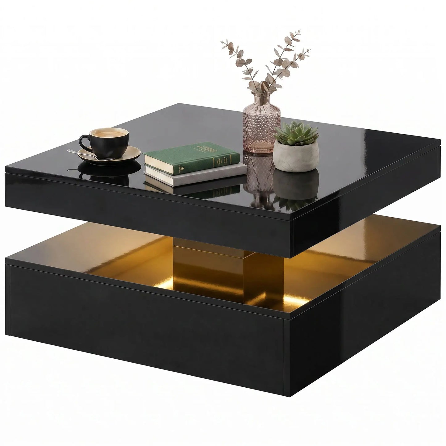 LED Coffee Table with Storage, 2-Tier Modern Center Table with Open Shelf and Remote for Living Room, High Gloss Black Coffee Tables High Gloss Black at Gallery Canada