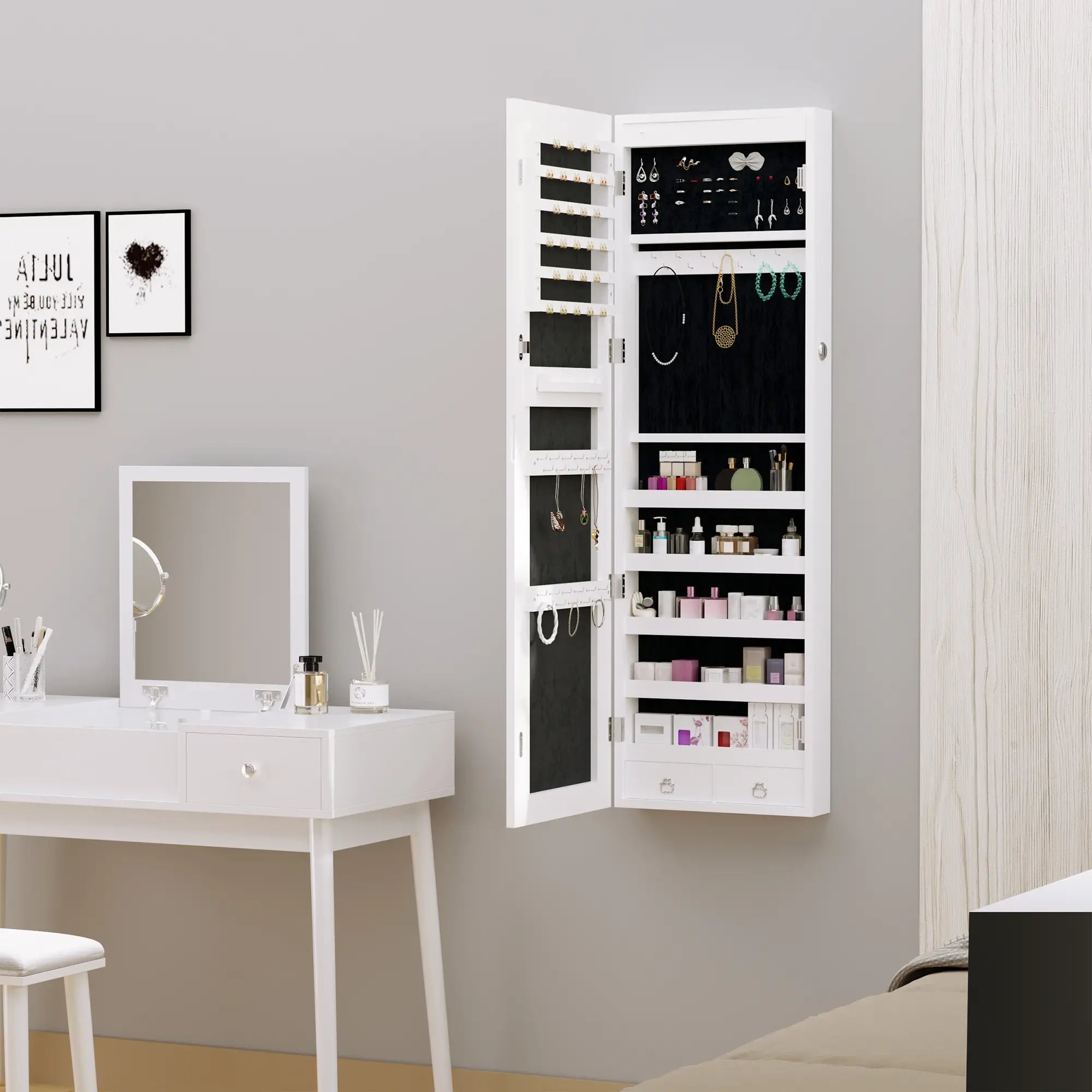 Mirror Jewelry Cabinet with LED Lights, 2 Keys, Wood Grain Grey, Grey Jewelry Armoire & Jewellery Mirror Cabinets at Gallery Canada