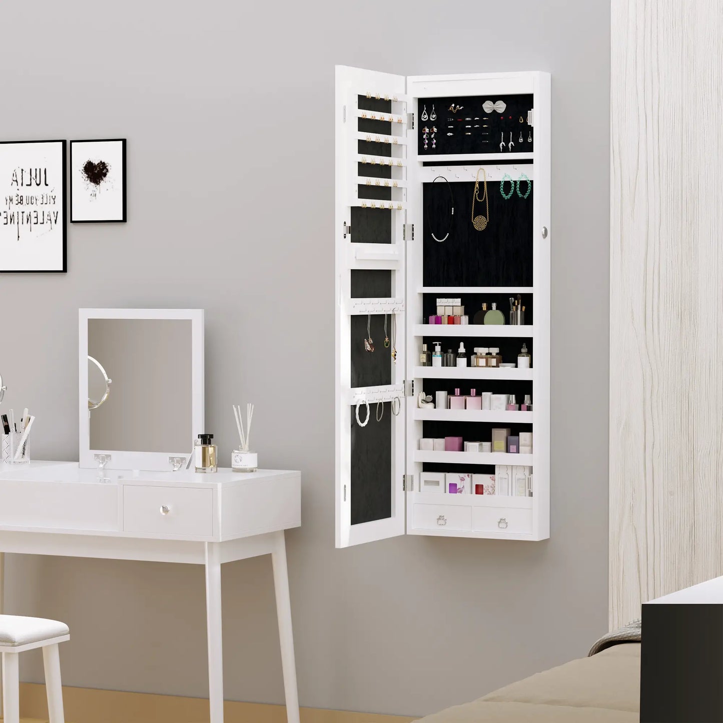Mirror Jewelry Cabinet with LED Lights, 2 Keys, Wood Grain Grey, Grey Jewelry Armoire & Jewellery Mirror Cabinets at Gallery Canada