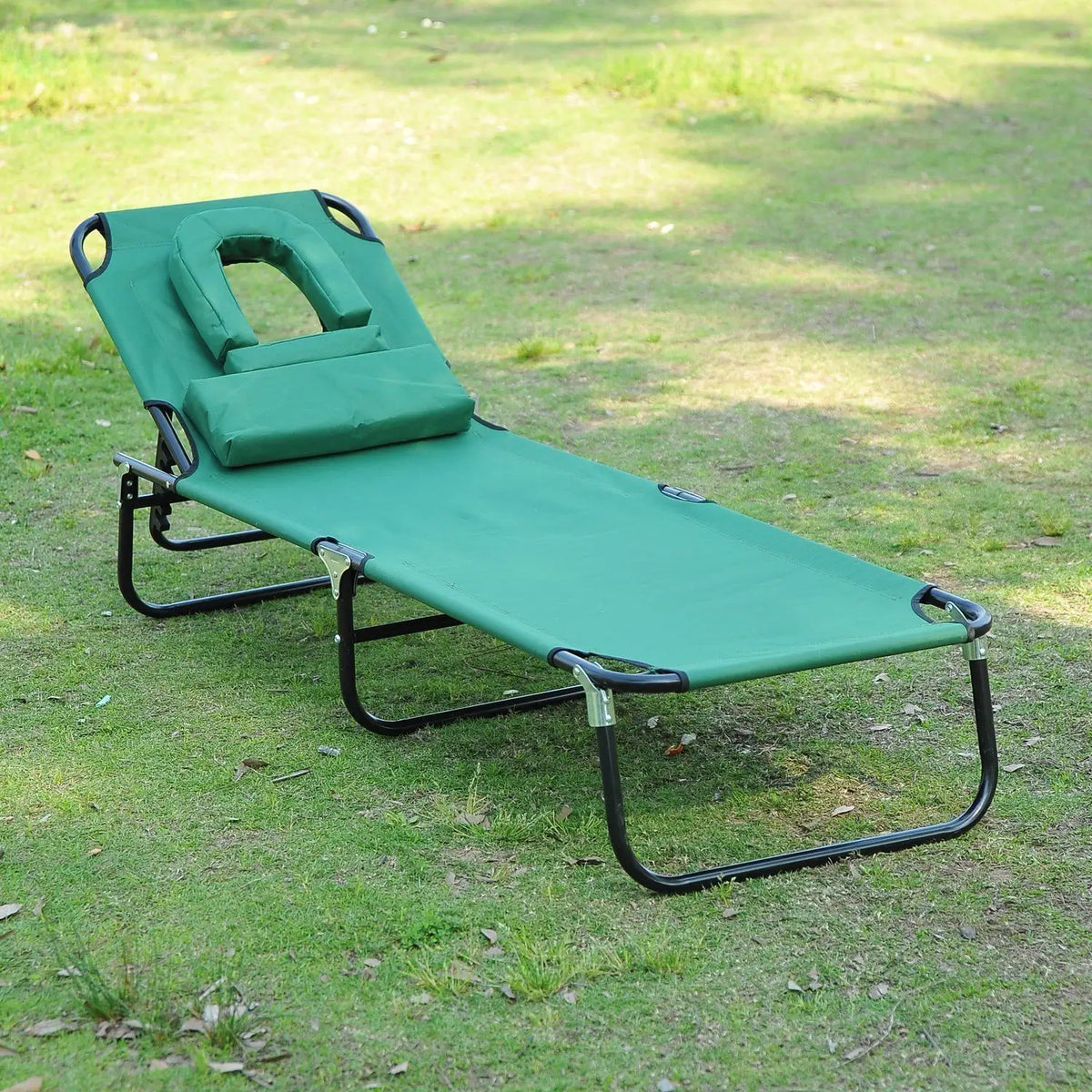 Folding Outdoor Lounge Chair, Portable Reclining Beach Lounger, Detachable Pillow, 3-Position Adjustable, Green
