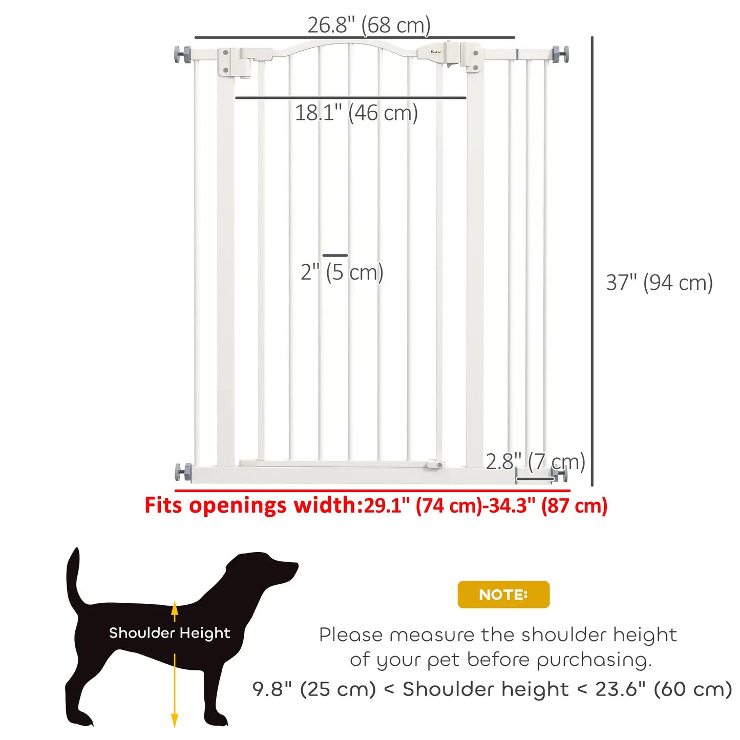 Extra Tall Dog Gate with Door, Pressure Fit, Auto Close, 29"-34", White Houses, Kennels & Pens at Gallery Canada