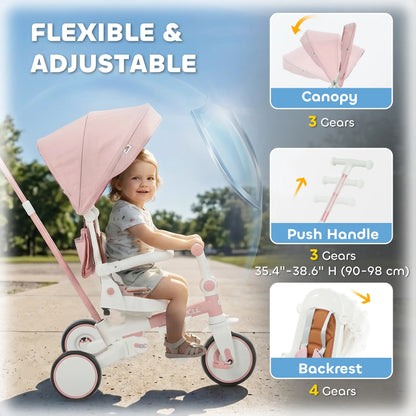 7 in 1 Toddler Tricycle, Safety Harness, Adjustable Parent Handle, Pink Tricycles for Kids at Gallery Canada