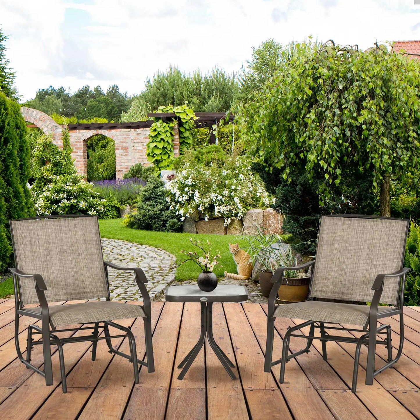 3 Piece Patio Glider Set, Outdoor Gliders, Mesh Seat, Glass Table, Mixed Brown, Brown Outdoor Gliders at Gallery Canada