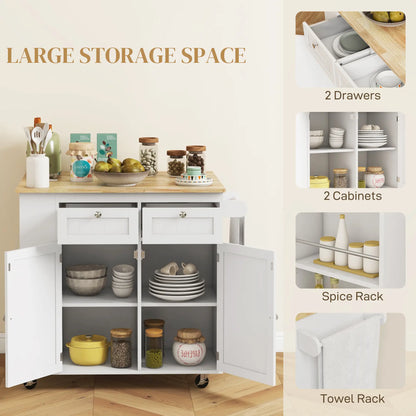 Kitchen Island with Power Outlet and Drop Leaf, Rolling Kitchen Cart with 2 Drawers and Adjustable Shelves, White Kitchen Islands & Kitchen Carts at Gallery Canada