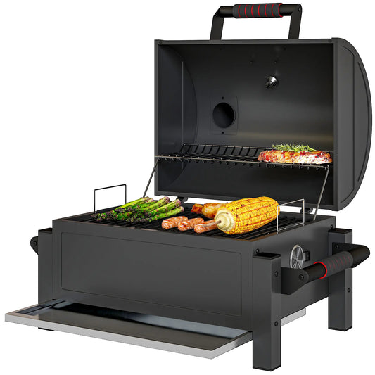 Portable Tabletop Charcoal Smoker, Ash Catcher, Thermometer, Black
