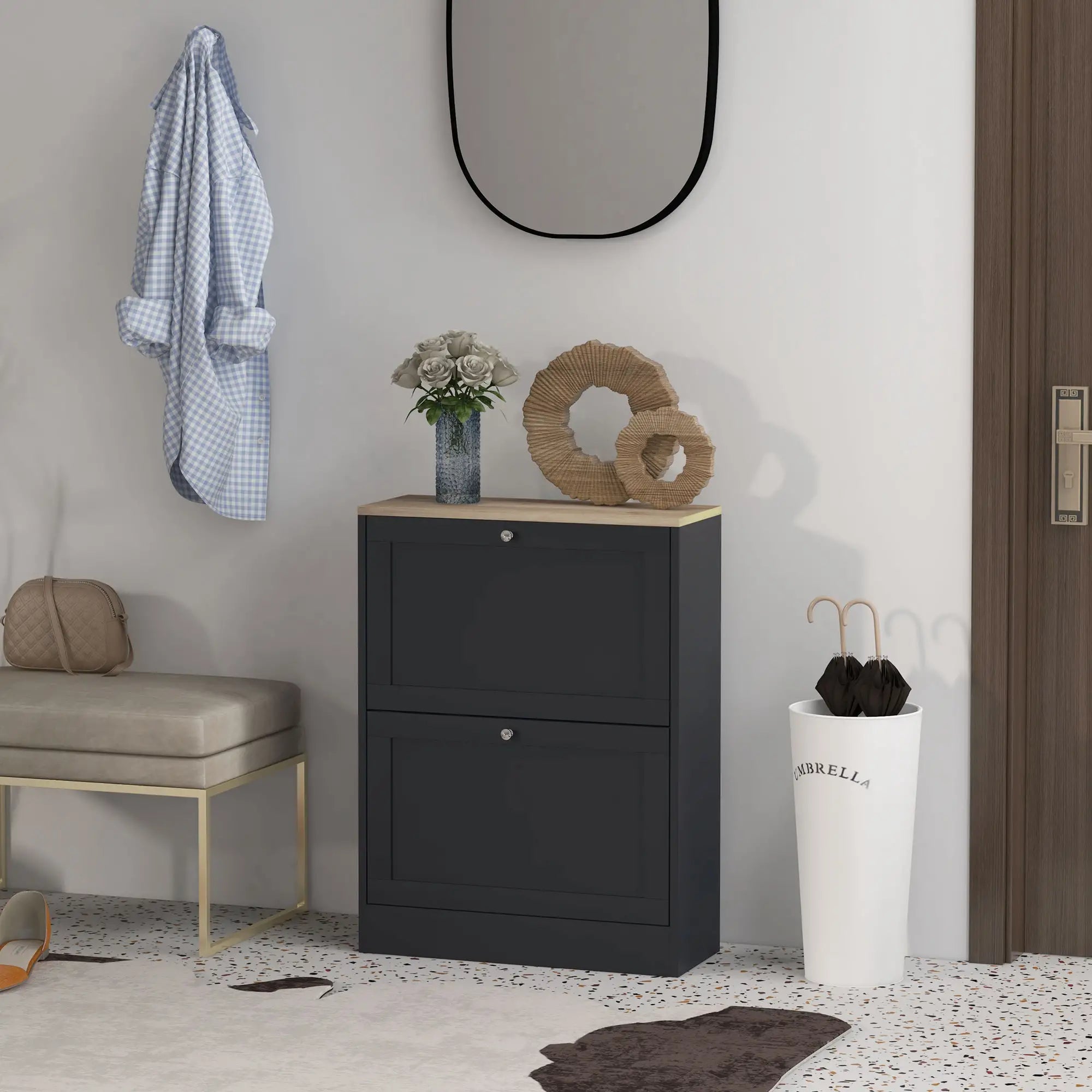 Slim Shoe Storage Cabinet, 2 Flip Drawers, Adjustable Shelves for 12 Pairs, Black Shoe Storage Cabinets & Racks at Gallery Canada