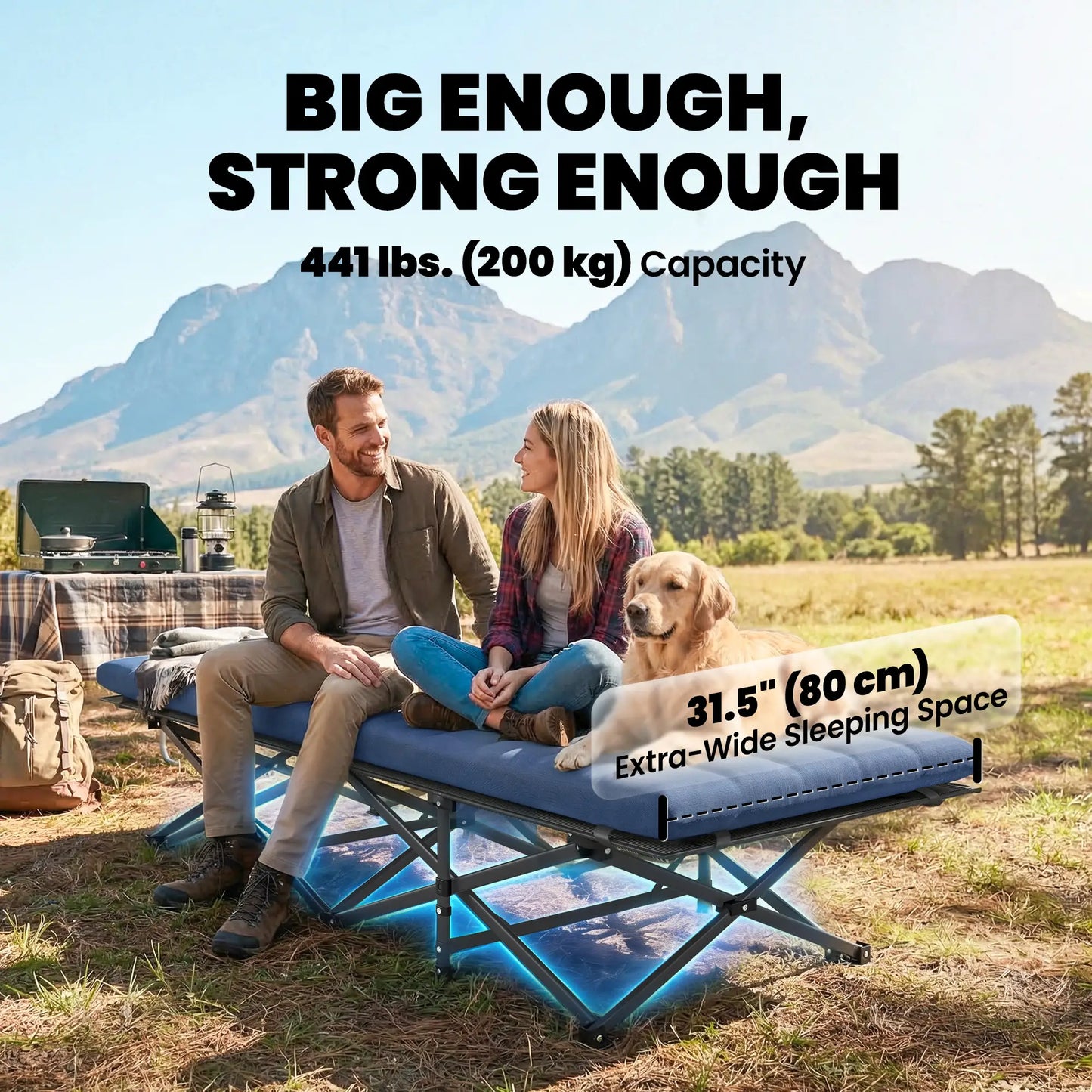 32" Extra Wide Folding Camping Cot, Soft Pad, Non-Slip Feet, Carry Bag, Blue Camping Cots at Gallery Canada