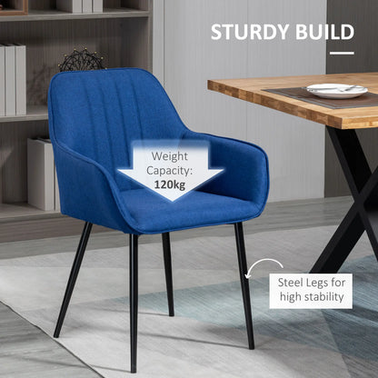 Dining Chairs Set of 2, Upholstered Linen Fabric, Metal Legs, Dark Blue