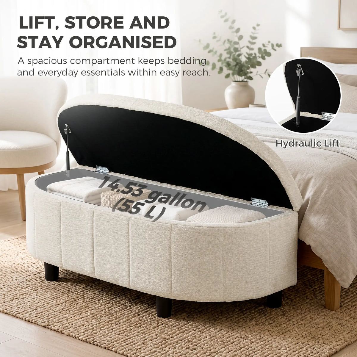 Semi-Round Ottoman With Hydraulic Lift-Top Storage, Cream White Storage Ottomans & Benches at Gallery Canada