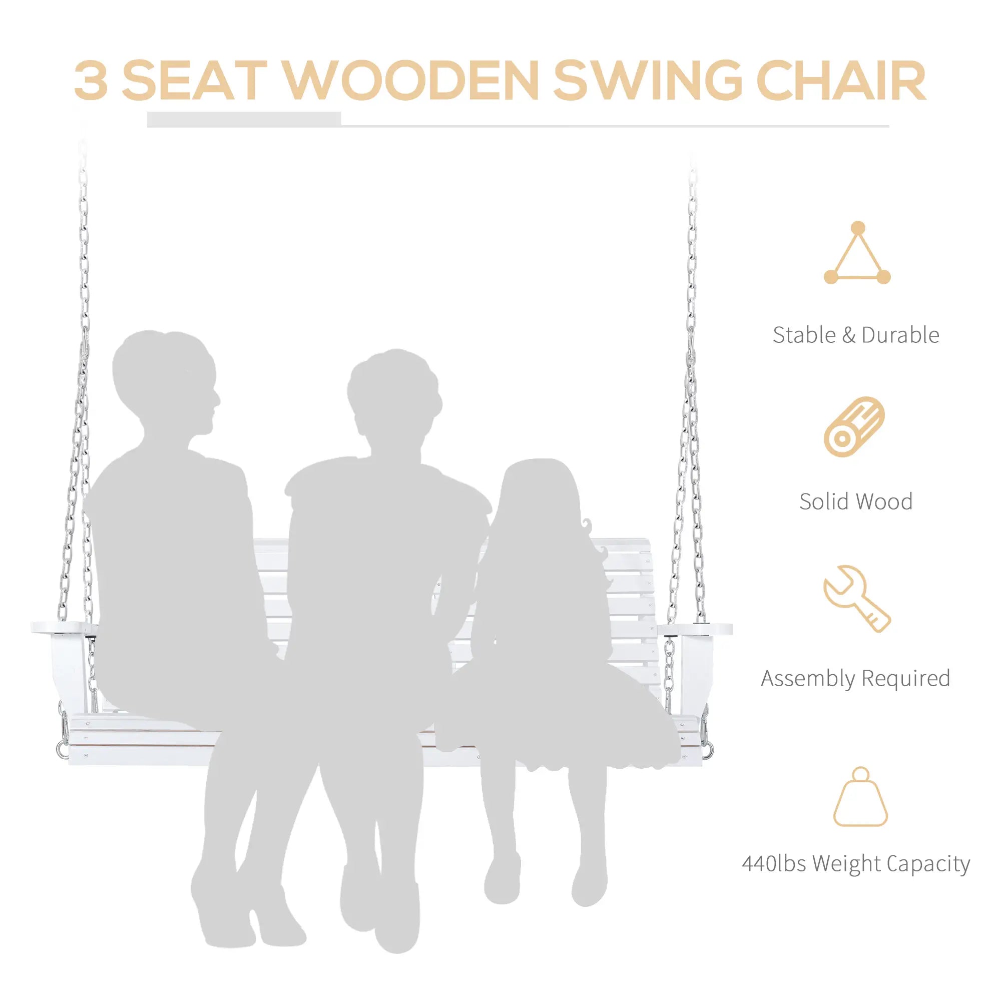 3 Seater Porch Swing Wood Bench With Foldable Table, White Hanging Porch Swings at Gallery Canada