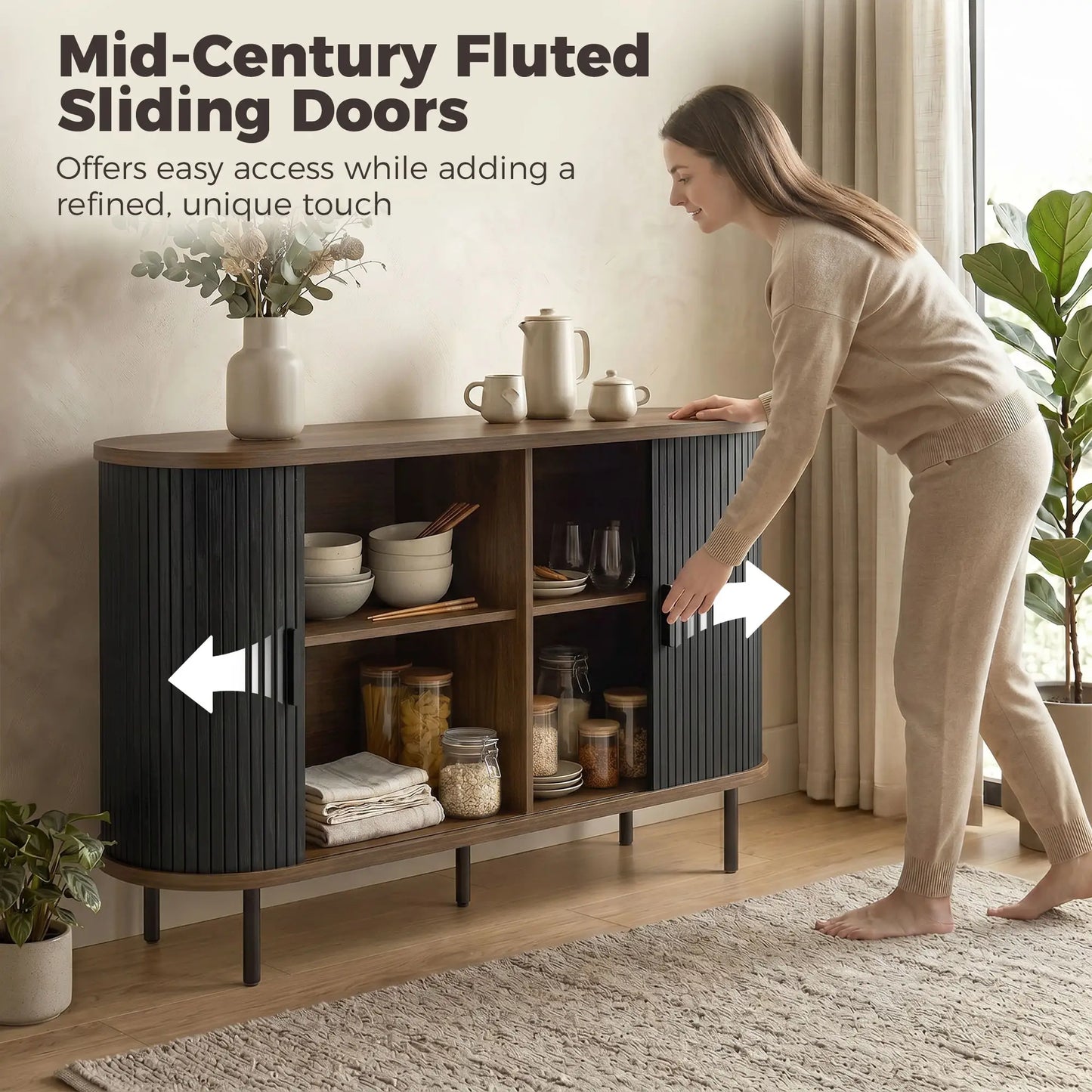 Fluted Sideboard Buffet Cabinet, 55", Black Storage Cabinets at Gallery Canada