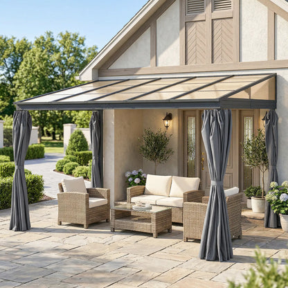 10' x 13' Hardtop Pergola, PC Roof Gazebo, Sun Shelter with Curtains Pergolas at Gallery Canada