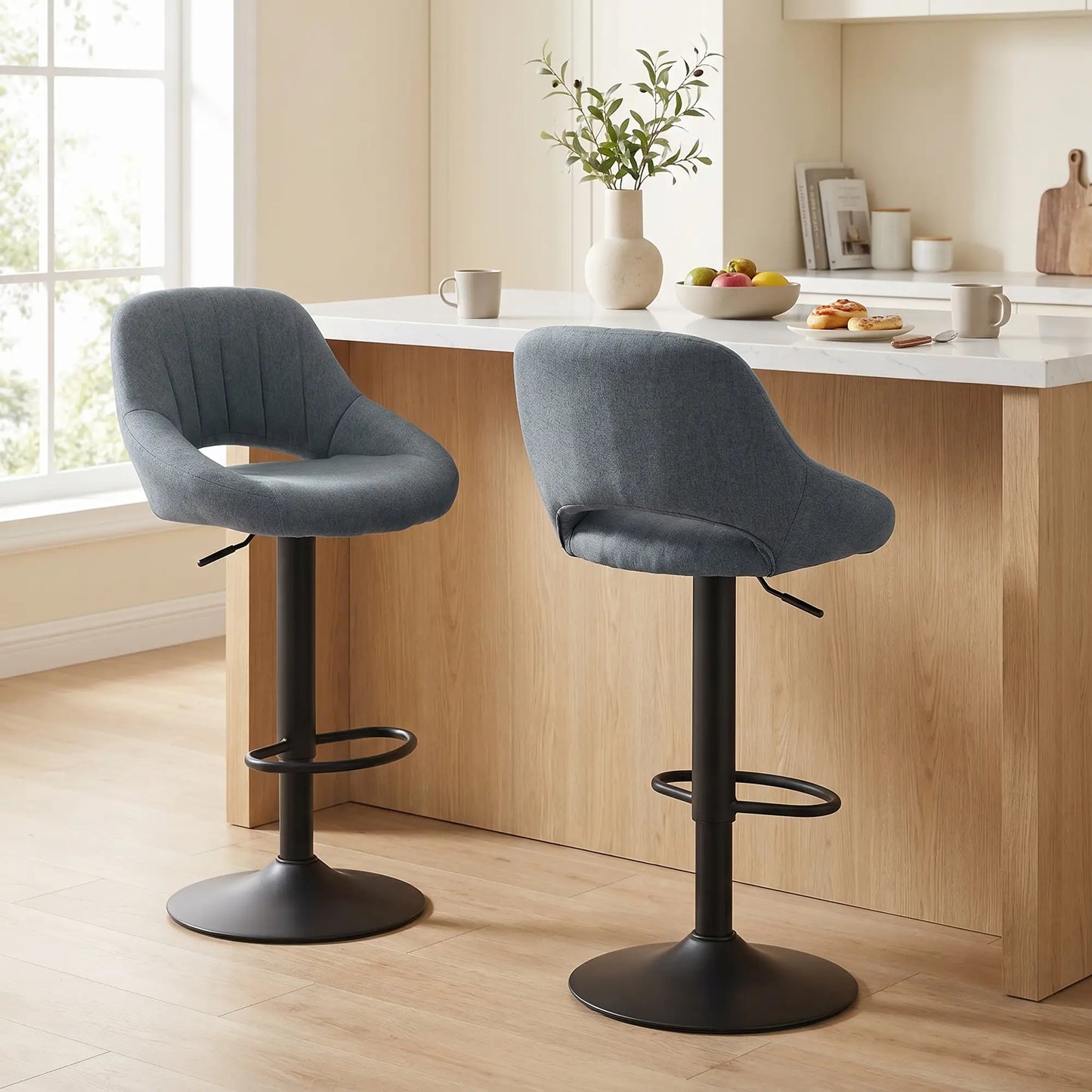 Linen Upholstered Counter Swivel Bar Stools Set of 2, Round Metal Base Bar Stools at Gallery Canada